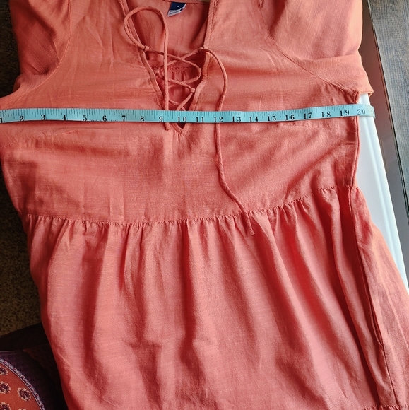 Tiered Lace-Up Mini Swing Dress Eyelet Floral Hem Coral Long Sleeve M. - Picture 13 of 17